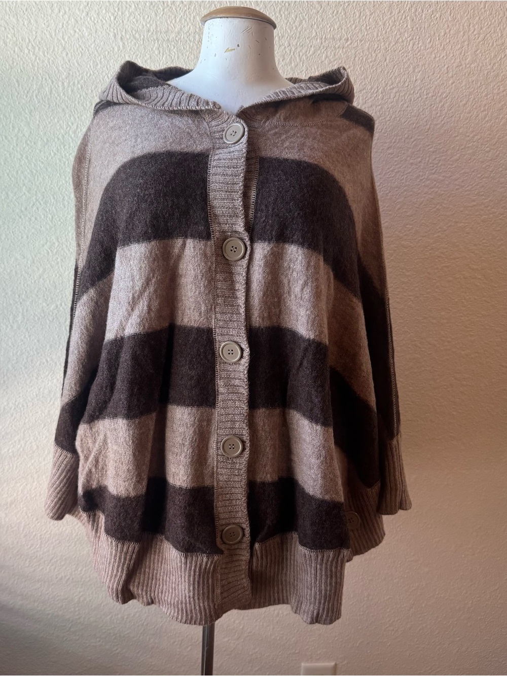 Marina Luna 100% Wool Knit Hooded Button Front Striped Cape Sweater M
